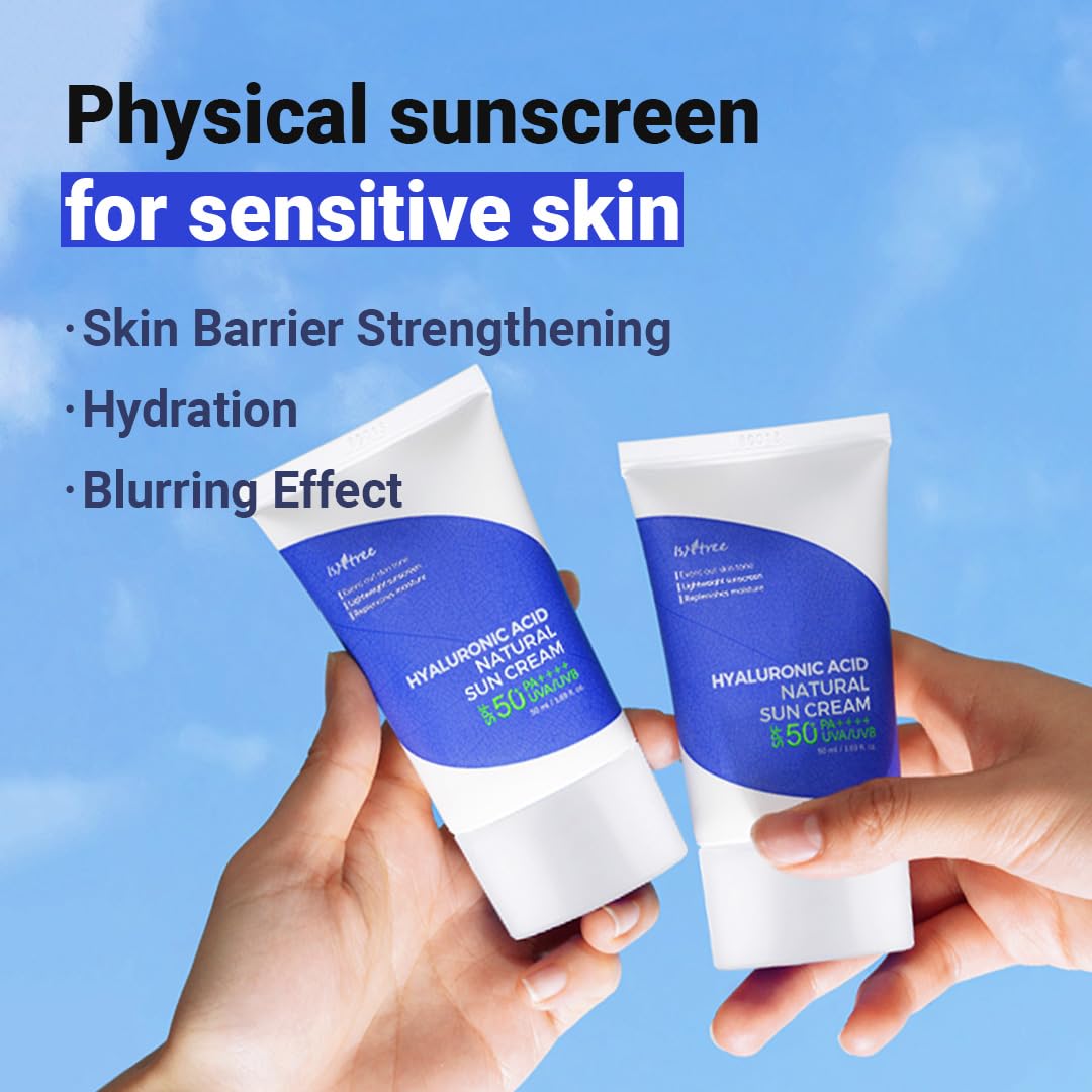 ISNTREE Hyaluronic Acid Natural Suncream SPF-50 PA++++ 50ml, 1.69 fl.oz | Evens out skin tone | Lightweight sunscreen | Replenishes moisture