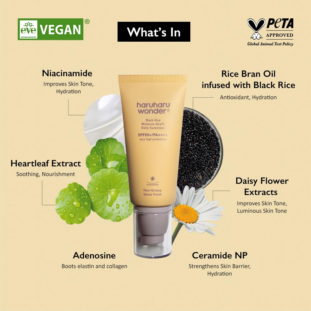 HARU HARU Wonder Black Rice Moisture Airyfit Daily Sunscreen 1.69-fl.oz - Velvet Finish, No White Cast, Hydrating, Moisturizing, Korean Skin Care, Vegan, Clean Beauty