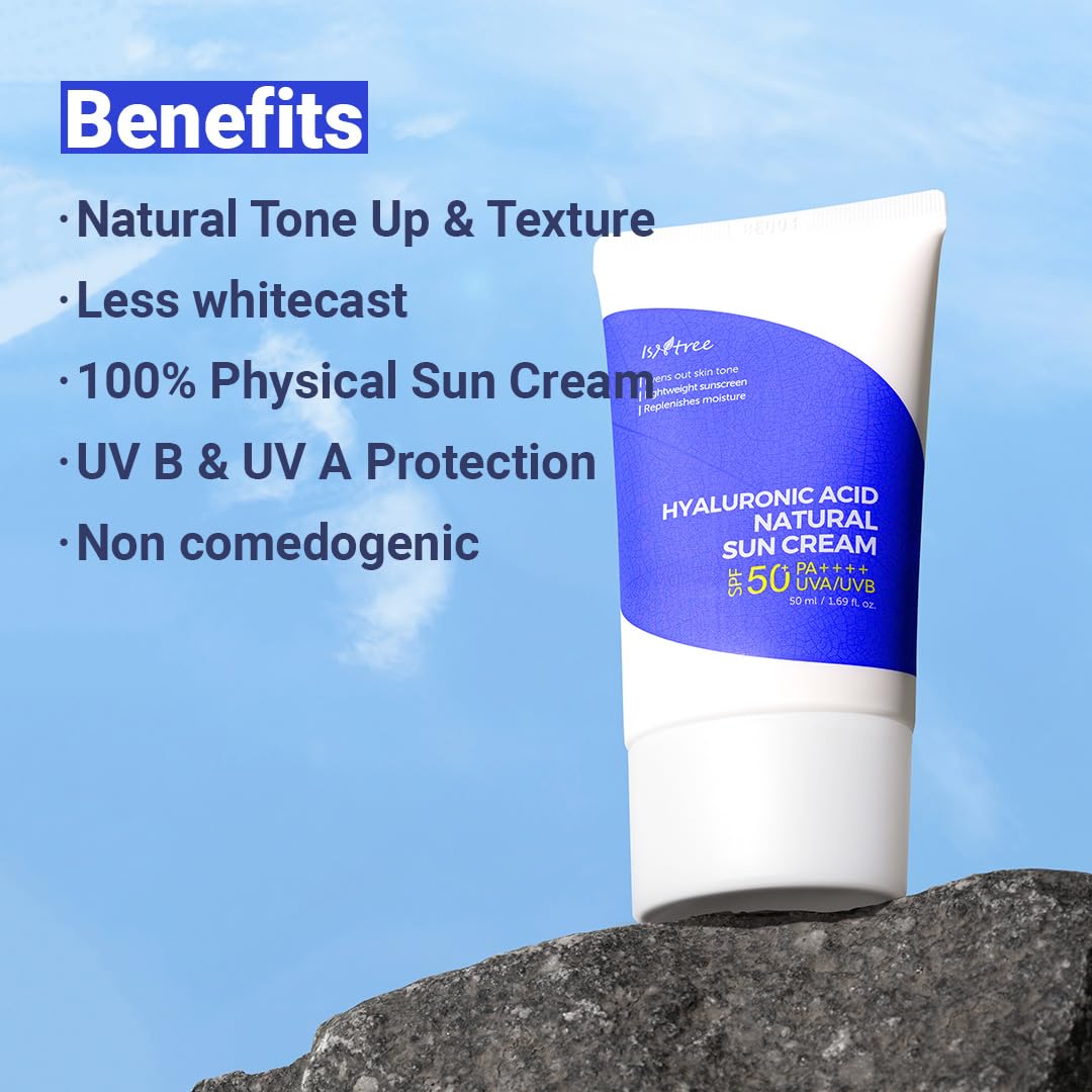 ISNTREE Hyaluronic Acid Natural Suncream SPF-50 PA++++ 50ml, 1.69 fl.oz | Evens out skin tone | Lightweight sunscreen | Replenishes moisture