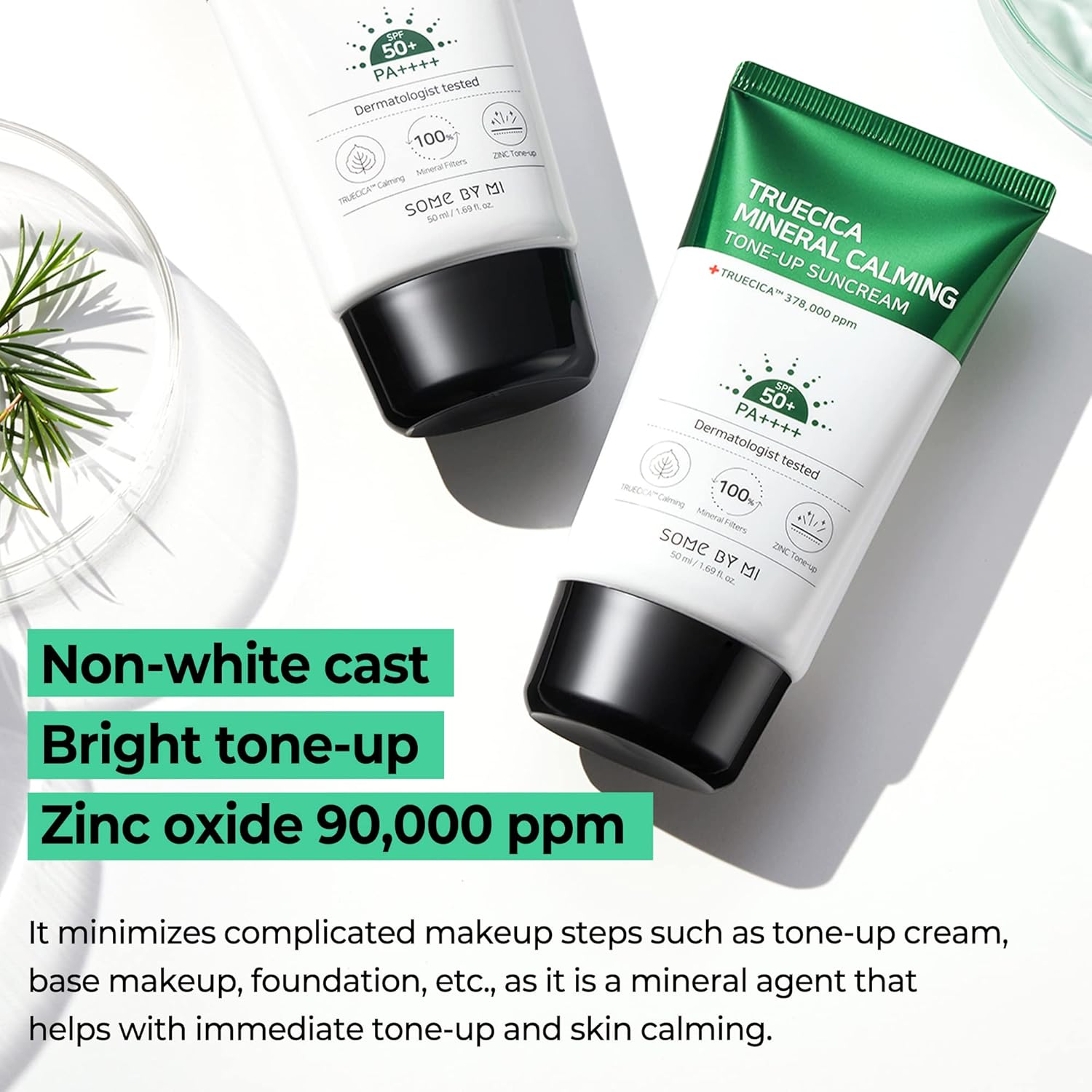 SOME BY MI Truecica Mineral Calming Tone-Up Suncream / SPF50+, PA++++ / 1.69Oz, 50ml / Brightening and Calming Effect/Mild Sun and UV Protection Sunscreen for Sensitive Skin