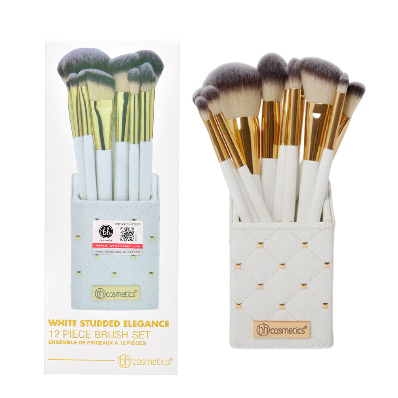 BH Cosmetics - White Studded Elegance 12/Piece Brush Set With Brushes Holder