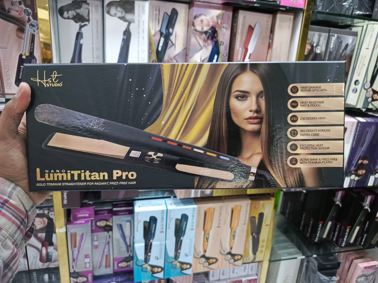 HST-301 (Black ) Studio Nano Lumi Titan Pro Gold Titanium Straightener For Radiant Frizz Free Hair ( Orignal )