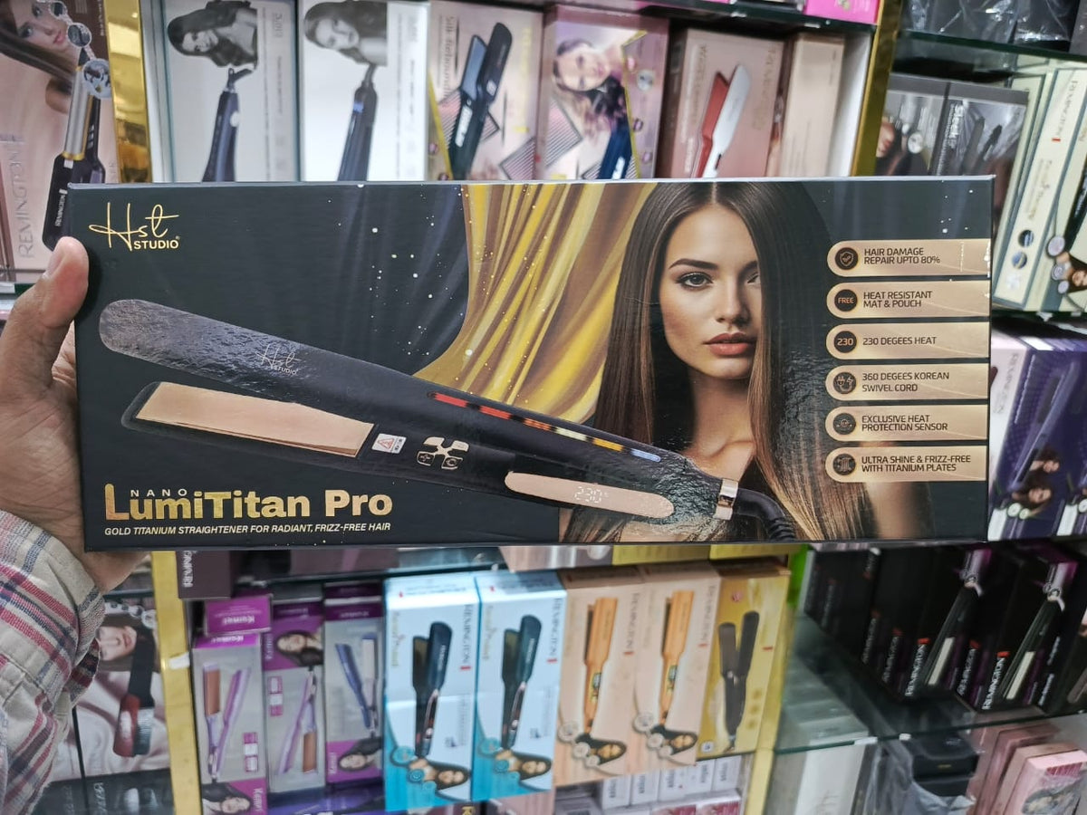 HST-301 (Black ) Studio Nano Lumi Titan Pro Gold Titanium Straightener For Radiant Frizz Free Hair ( Orignal )