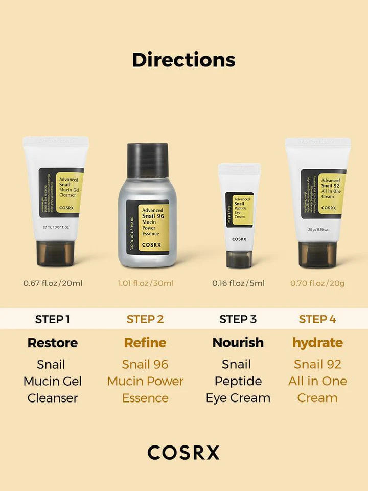 COSRX All About Snail Mucin Korean Skin Care 4/Pcs Set Mini Travel Essentials