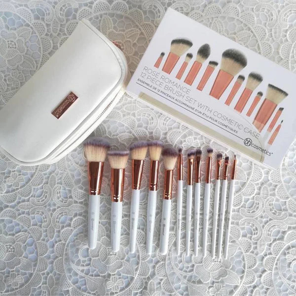 BH Cosmetics - Rose Romance 12/Piece Brush Set With White Cosmetic Case