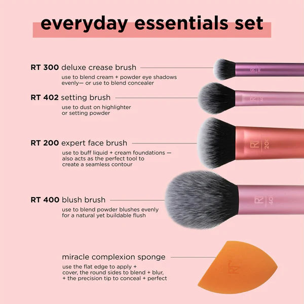 Real Techniques Everyday Essentials Makeup Brush Set With Single Sponge