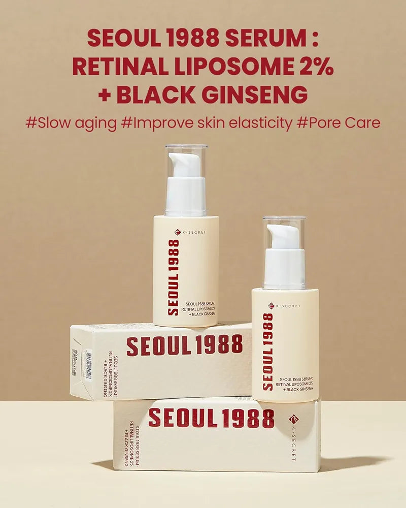 K-SECRET | SEOUL 1988 Serum : Retinal Liposome 2% + Black Gingeng, 30ml/1.01fl.oz | 58% Black Gingeng Extract with Retinal, Bakuchiol, Vitamin C & 3 Peptides Serum for Wrinkle Care | Korean Skincare |